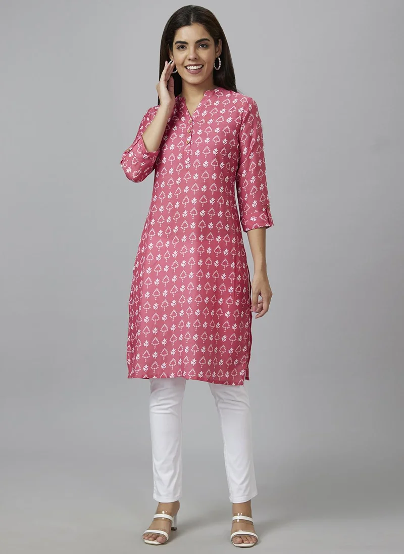 globus Globus Women Pink Ethnic Motifs Printed Mandarin Collar Straight Kurta